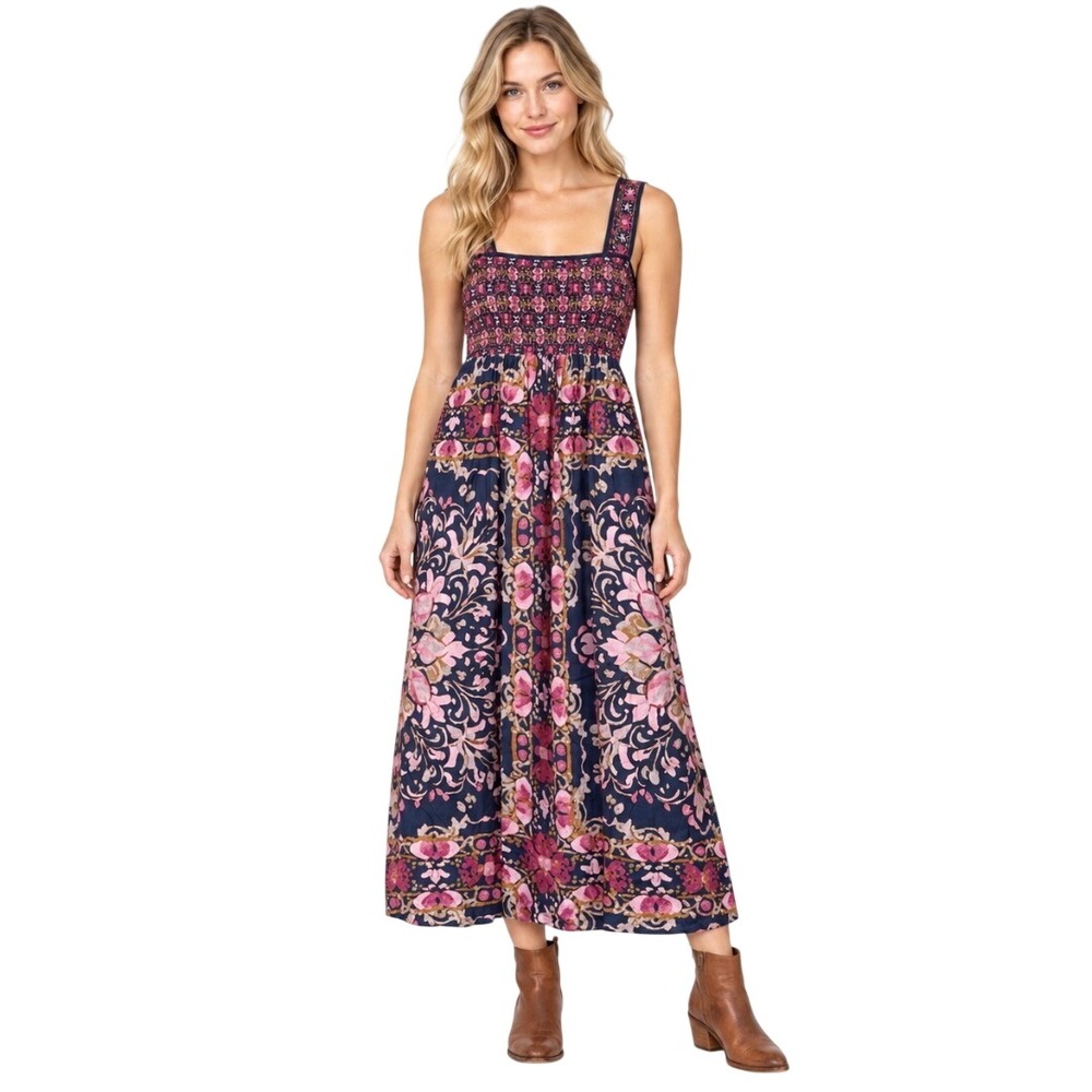 NWT Natural Life Boho Smocked Bodice Maxi Dress Navy Floral LHDRS003864 Large